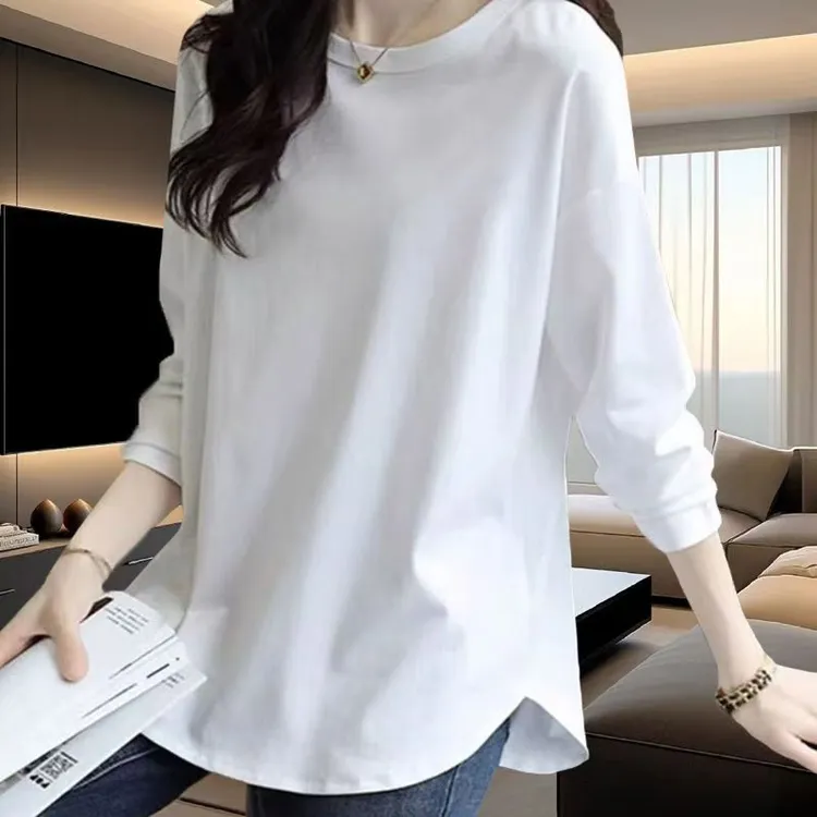 中长款长袖弧形下摆T恤女宽松圆领春秋正肩显瘦大码上衣精梳棉