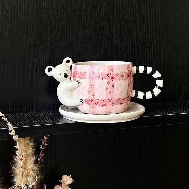 抱抱考拉立体陶瓷手绘咖啡杯套装日式可爱杯子带碟儿童下午茶水杯
