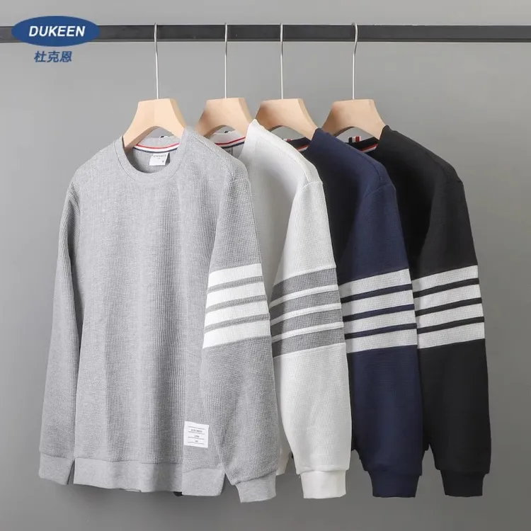 杜克恩tb华夫格卫衣男秋季宽松圆领长袖套头打底衫四条杠加绒外套