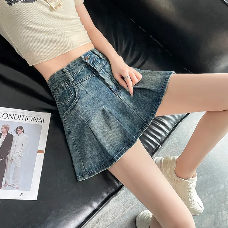 牛仔裙高腰百搭女夏季2024新款显瘦a字短裙裤防走光包臀百褶裙子