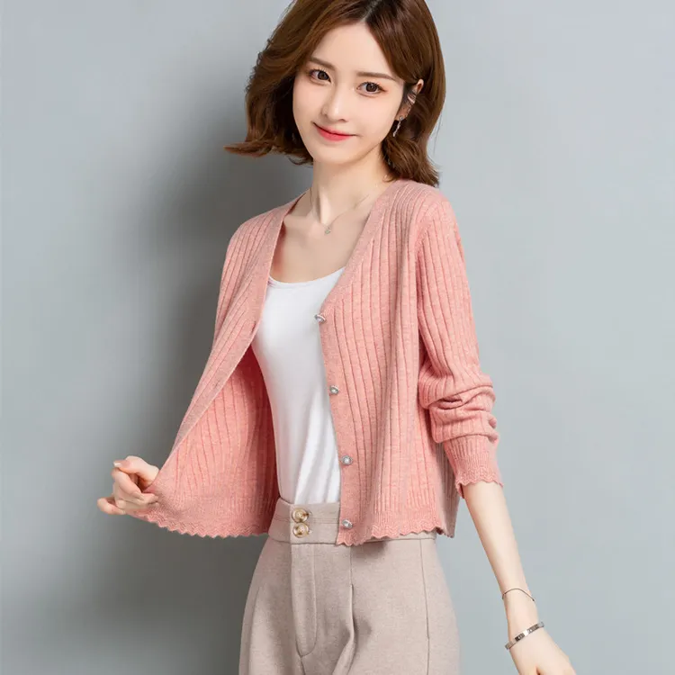 秋季新款休闲开衫时尚洋气外搭 v领针织毛衣韩版女装纯色长袖百搭