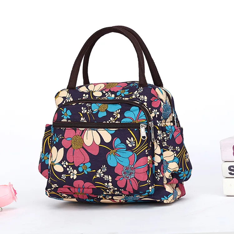 时尚休闲手提包女士外出洗漱包手拎包中年妈妈花布包学生饭盒袋子