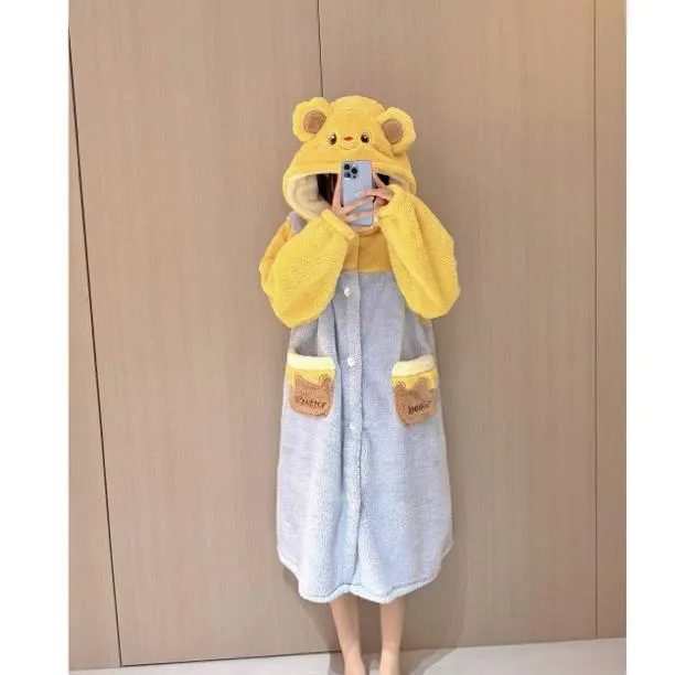 加厚黄油小熊睡袍睡衣女秋冬加绒加厚卡通睡衣保暖学生可爱睡衣