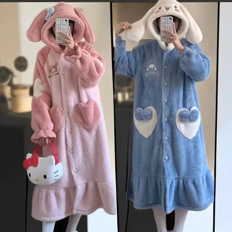 睡衣女秋冬季珊瑚绒加厚玉桂狗保暖长裙套装家居服睡衣毛绒家居服
