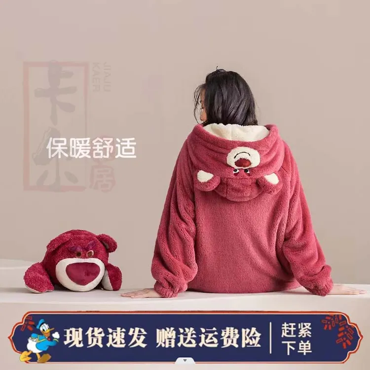 睡衣女秋冬加绒草莓熊睡袍珊瑚绒家居服可外穿加厚大码保暖睡袍美