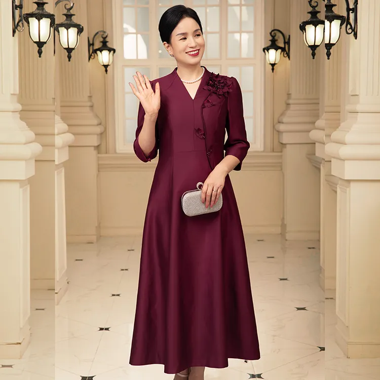 Rufei如翡高端长款妈妈装礼服高贵连衣裙新款洋气长裙显瘦喜服群