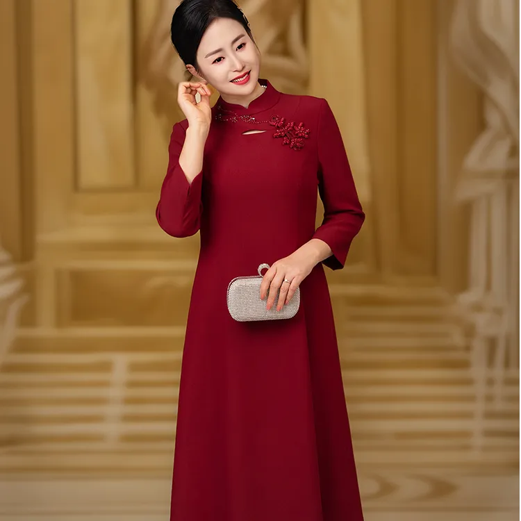 喜妈妈宴会中长款立领婚礼酒红色新娘喜妈妈气质修身妈妈装婚宴装