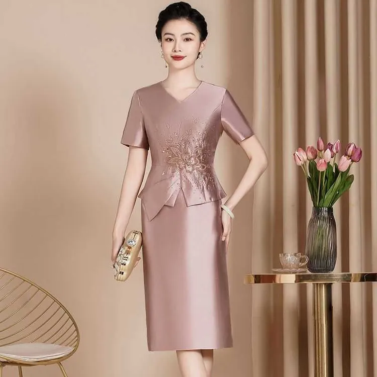 两件套年轻喜妈妈中长款礼服气质显瘦优雅中老年洋气婚宴礼服裙