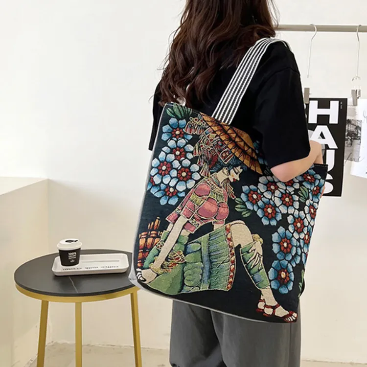 新款包包女包刺绣复古时尚潮大容量帆布包逛街上班女士单肩包