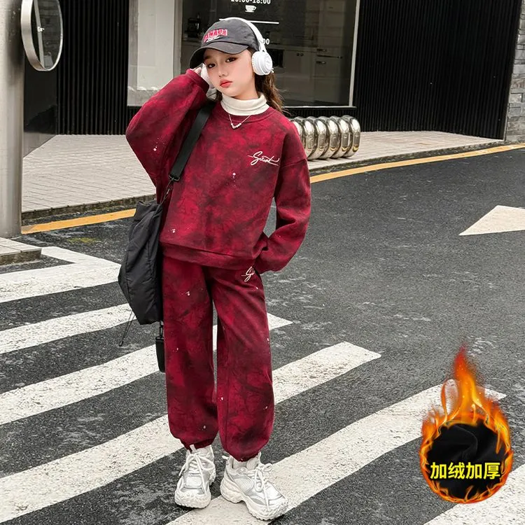 女童年服套装2024秋冬季新款加绒加厚红色卫衣套装洋气休闲两件套