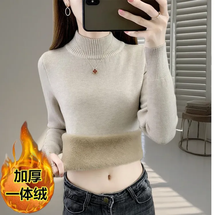 秋冬新款加绒加厚半高领一体绒女毛衣套头高档洋气内搭打底针织衫