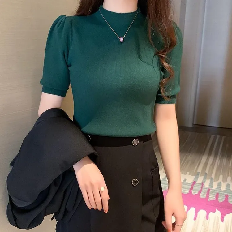 2025春秋泡泡袖半高领针织衫女纯色百搭修身显瘦洋气中袖打底上衣