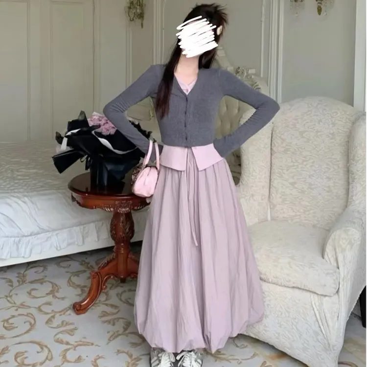 2025春秋季大码撞色显瘦时尚百搭半裙两件套灰粉高腰甜美风