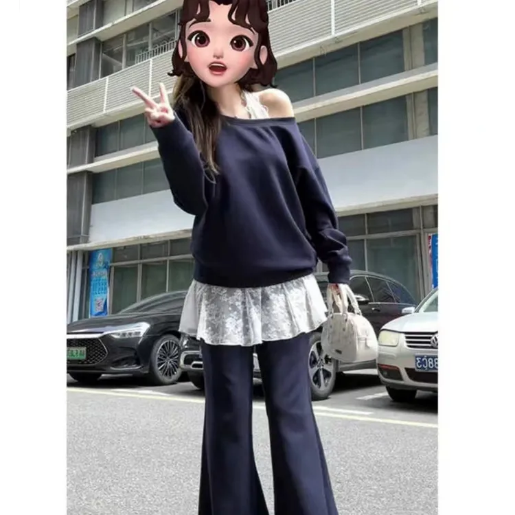 斜领露肩宽松长袖卫衣蕾丝吊带背心拖地休闲裤女早秋新款时尚套装