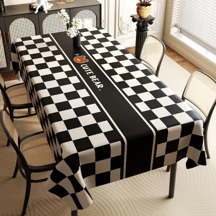 美式餐桌布pu防水防油防烫免洗长方形桌布黑白轻奢高级感台布
