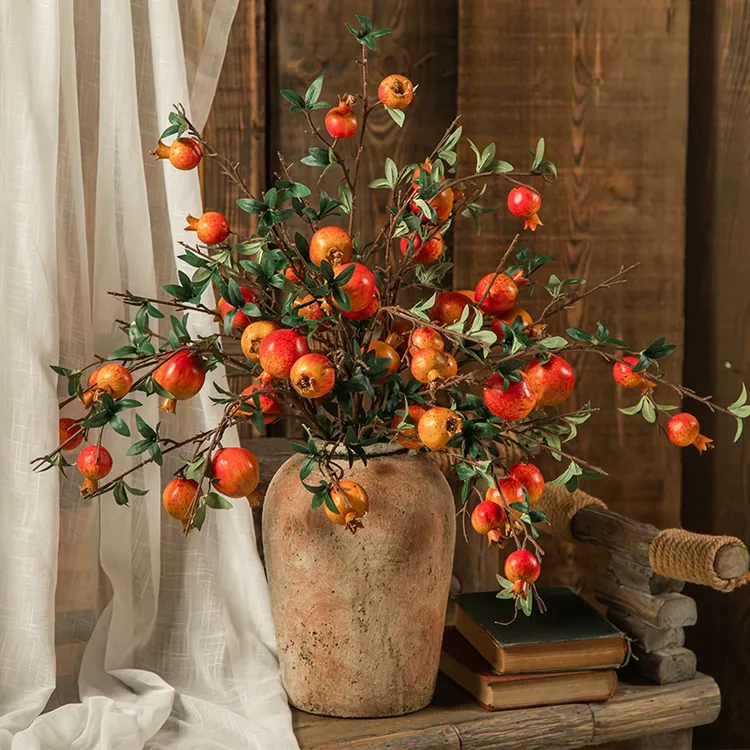 仿真花石榴果装饰摆件客厅餐桌柿柿如意假花树枝插花束摆放花艺