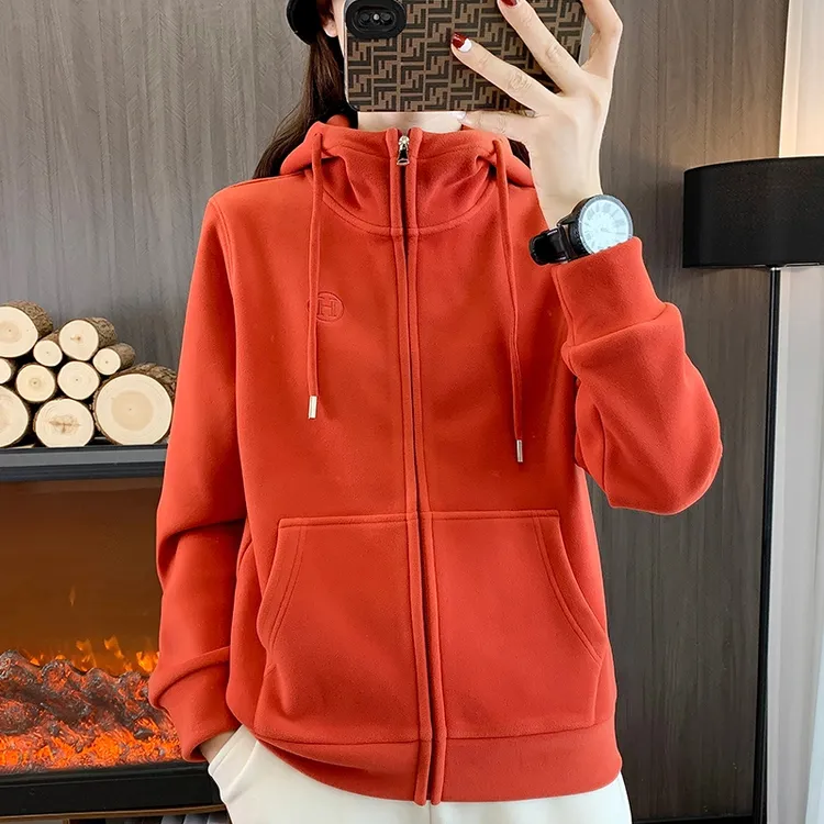 户外抓绒衣女款连帽摇粒绒加厚运动休闲宽松大码卫衣加绒保暖外套