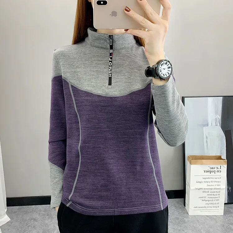 秋冬加绒弹力长袖速干衣女保暖宽松运动休闲户外打底衫立领卫衣