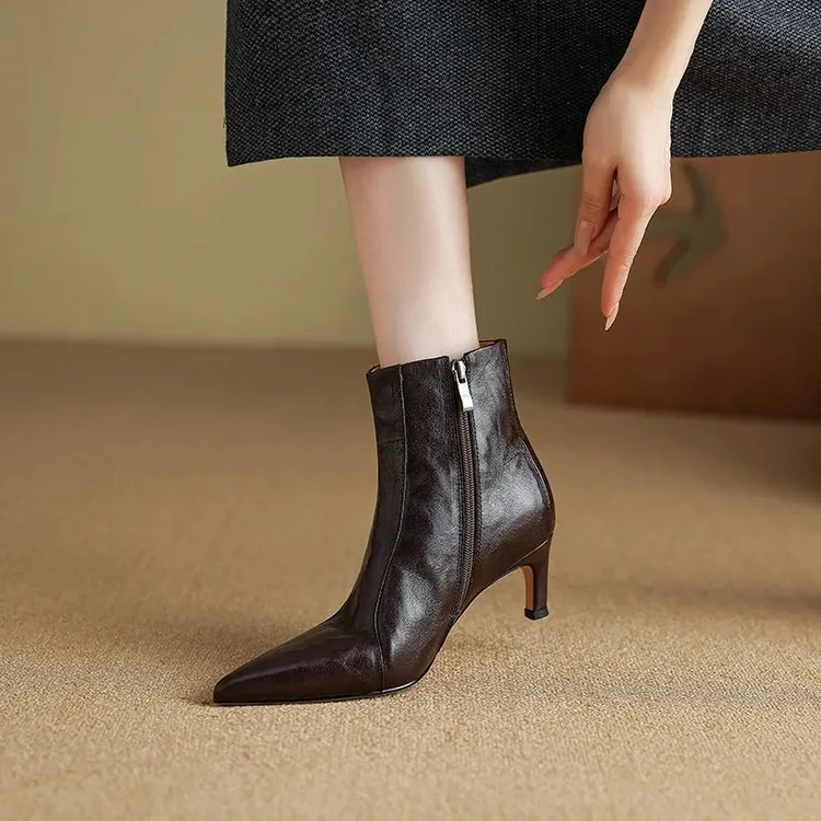 气质法式细跟靴秋冬新品复古手抓纹羊皮短靴尖头高跟侧拉链时装靴