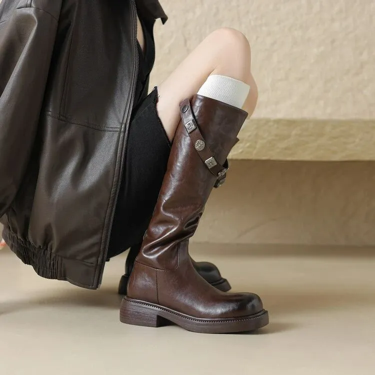 英伦靴子女2024春秋新款厚底女靴棕色长筒靴不过膝复古长靴骑士靴