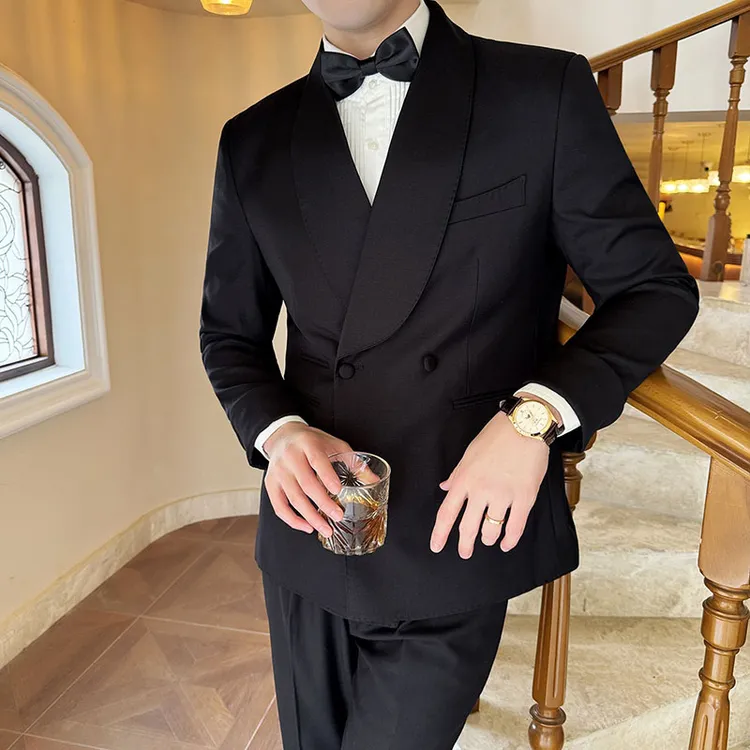 男士袖口时尚设计感西服套装修身双排扣青果领西装两件套男礼服