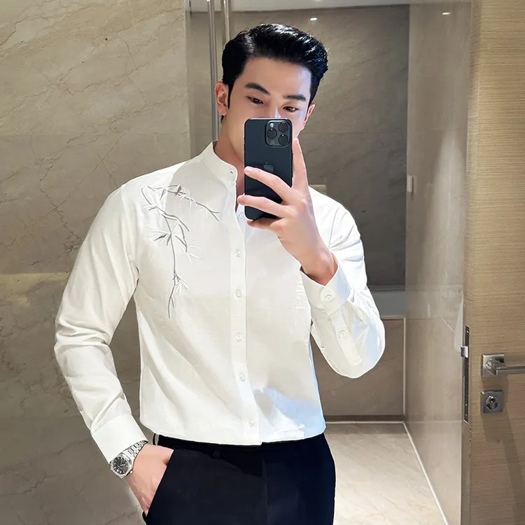 中国风刺绣立领白色衬衫男士长袖新中式透气黑色高级感绣花衬衣潮