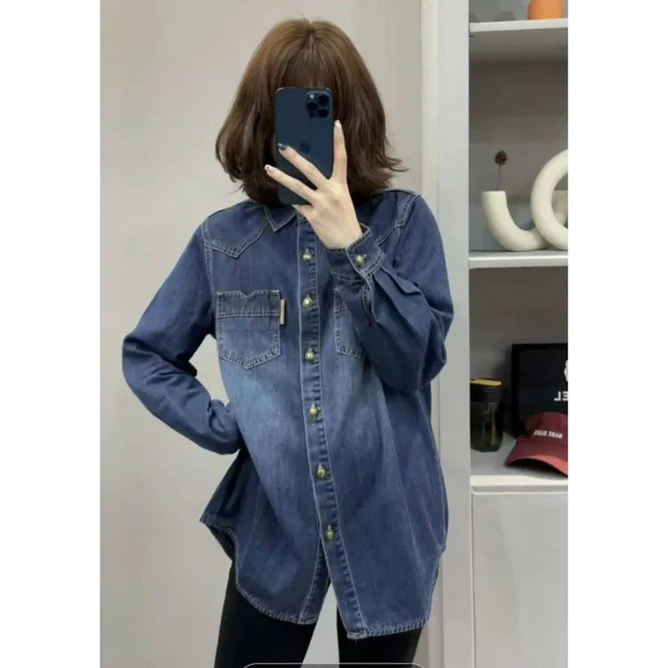 牛仔衬衫女春秋冬新款韩版设计感宽松蓝色百搭休闲打底衫衬衣外套