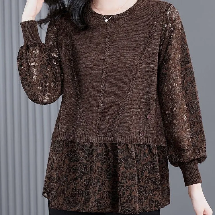 气质时尚蕾丝高档假两件上衣女春秋新款洋气大码宽松显瘦打底衫