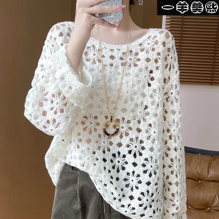 2025新品镂空设计感针织衫女百搭轻薄宽松圆领重工上衣纯羊毛罩衫