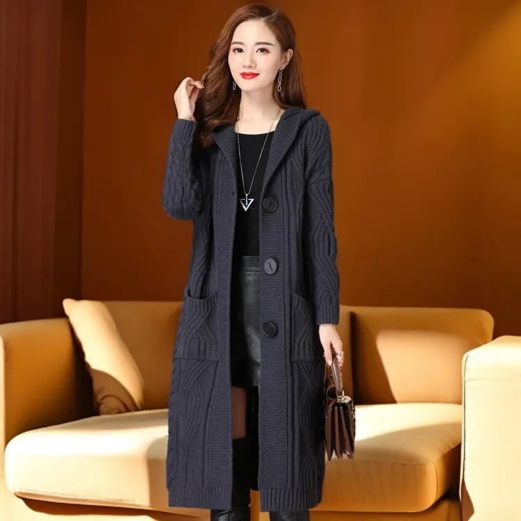 中长款连帽毛衣外套女2025秋冬韩版宽松慵懒风麻花加厚针织衫开衫