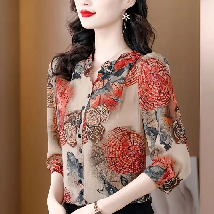 2025春夏高档棉麻衬衫女高级七分袖套头印花妈妈上衣宽松遮肚小衫
