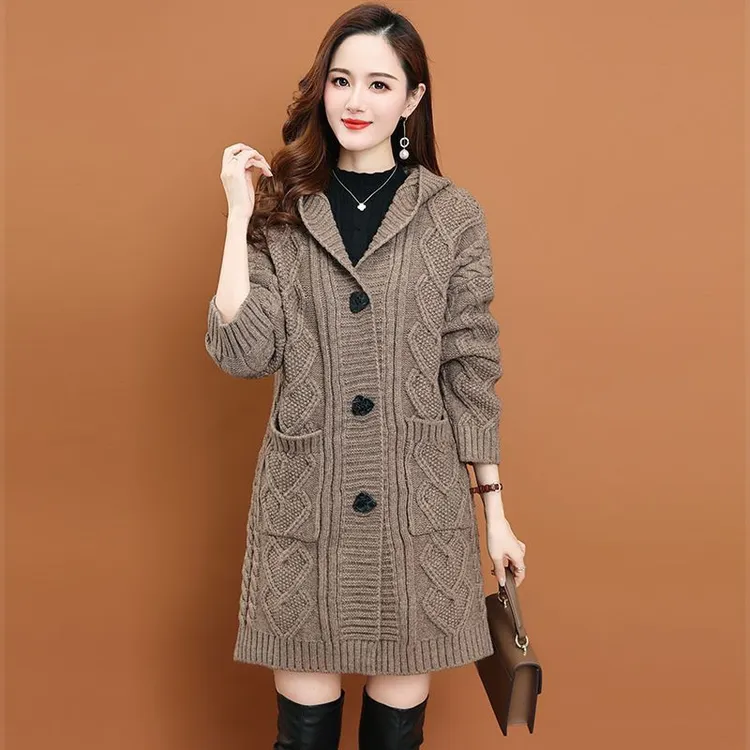 连帽毛衣外套女中长款大衣2025新款早秋上衣粗针毛线衣高档针织衫