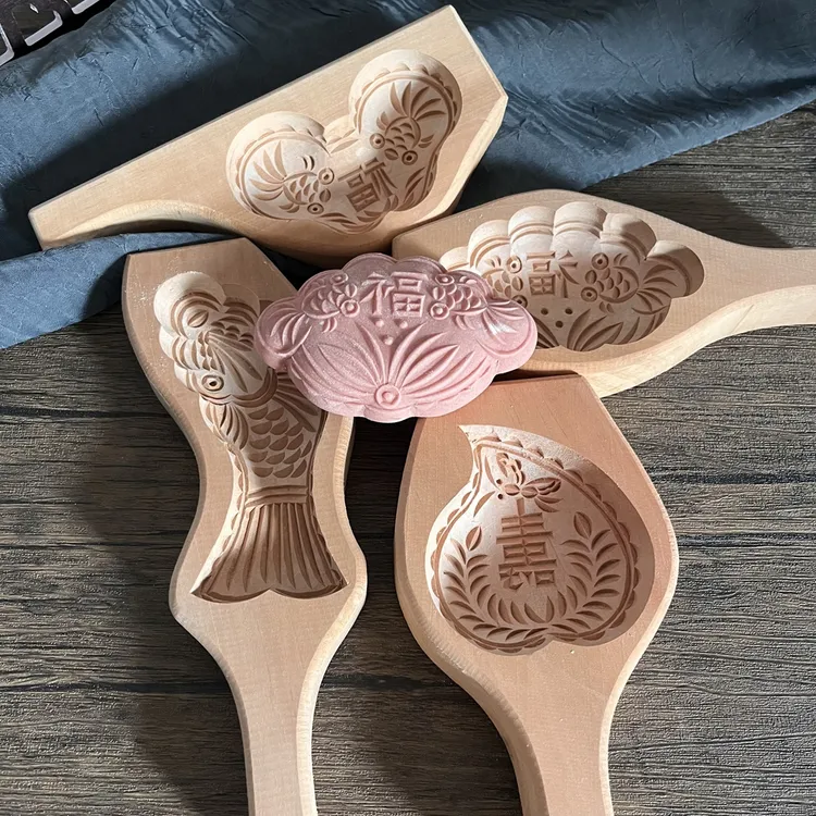小号凹底加深花样蒸馒头模具 面食卡子 梨木手工雕刻中式木制模子