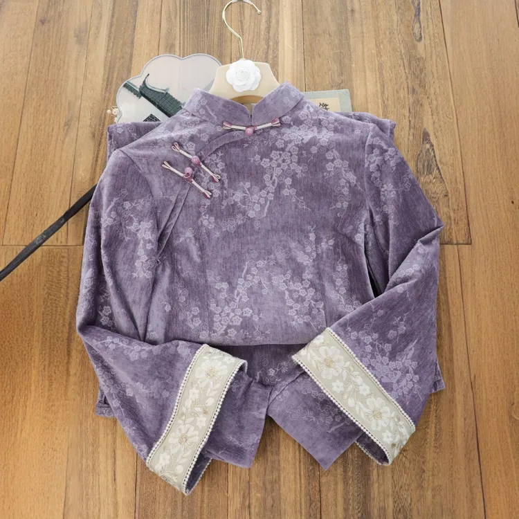 紫色素雅淑女范新中式改良倒大袖旗袍2025年秋冬季新款日常可穿