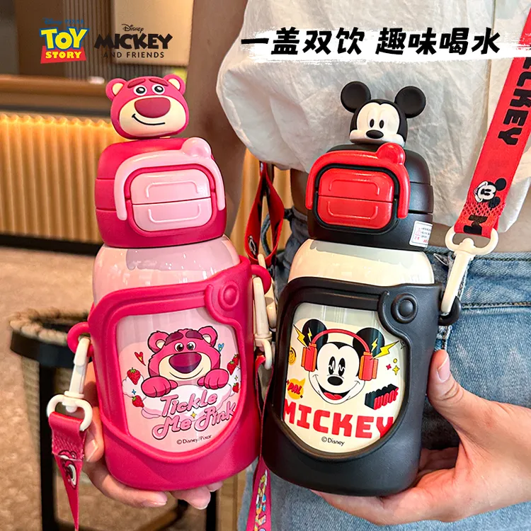 2025迪士尼草莓熊双饮儿童壶防摔吸管小学生3-6虎牌水杯