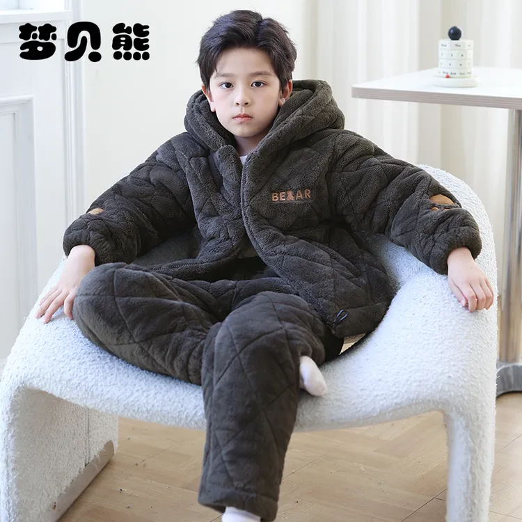 梦贝熊男童连帽冬季三层夹棉法兰绒加厚男孩珊瑚绒儿童家居服睡衣
