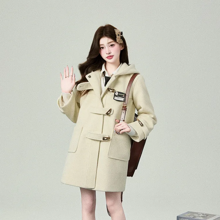 花铃太太【冬日恋歌】秋冬韩系甜美风长款牛角扣大衣毛呢子外套女