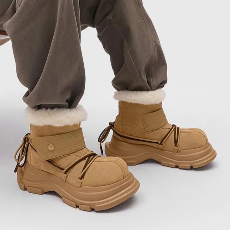 雪地靴男女厚底增高保暖绑带防寒加绒加厚大头面包鞋情侣东北棉鞋