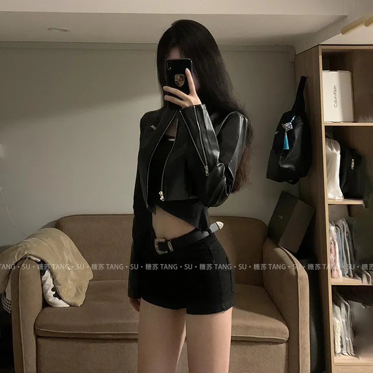 糖苏TANGSU 黑色立领拉链短款皮衣外套秋季辣妹机车皮夹克上衣女