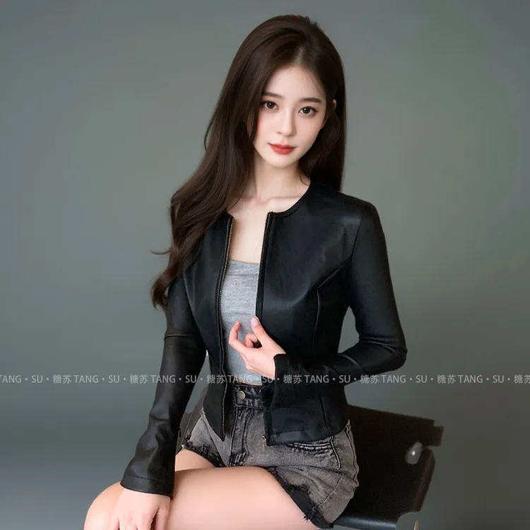 TANGSU糖苏早秋季高档软皮机车黑色皮衣外套女皮夹克短款修身上衣