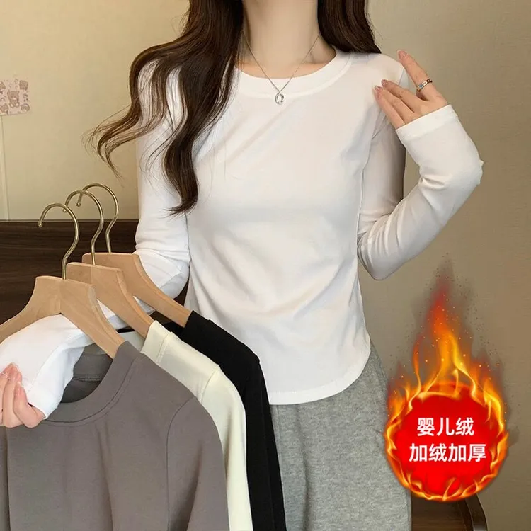 M加厚婴儿绒长袖圆领正肩打底衫弧形收腰休闲T恤显瘦上衣66029