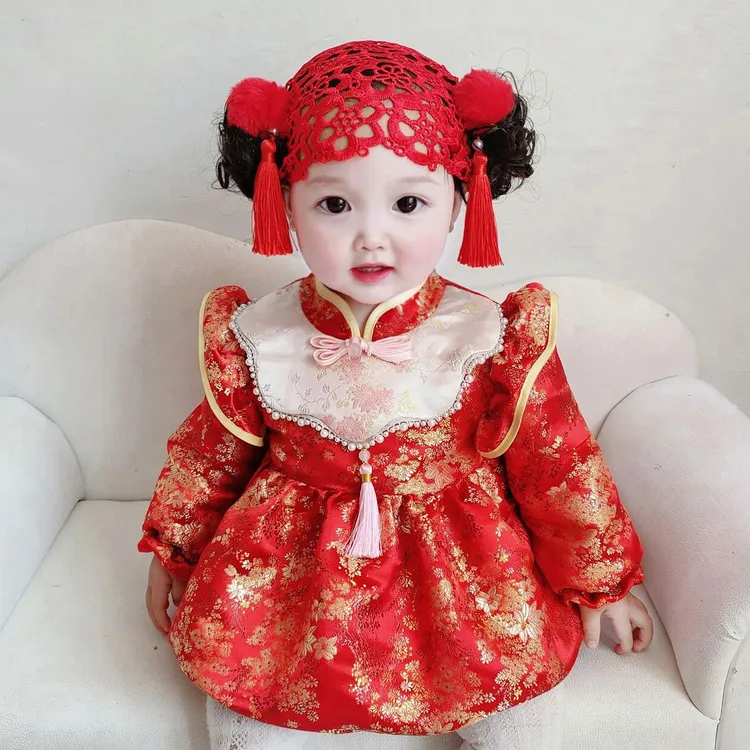女童秋冬加绒新款女宝宝周岁礼服小女孩洋气公主裙古风婴儿旗袍裙