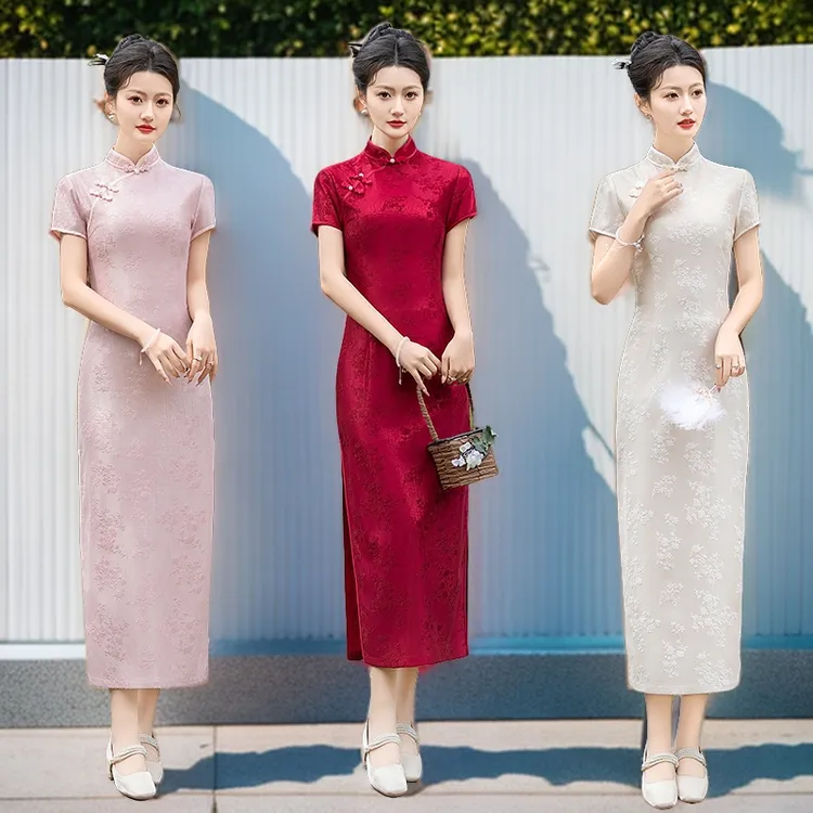旗开得胜送考红色旗袍长款新款高档提花改良新中式喜妈妈婚宴礼服