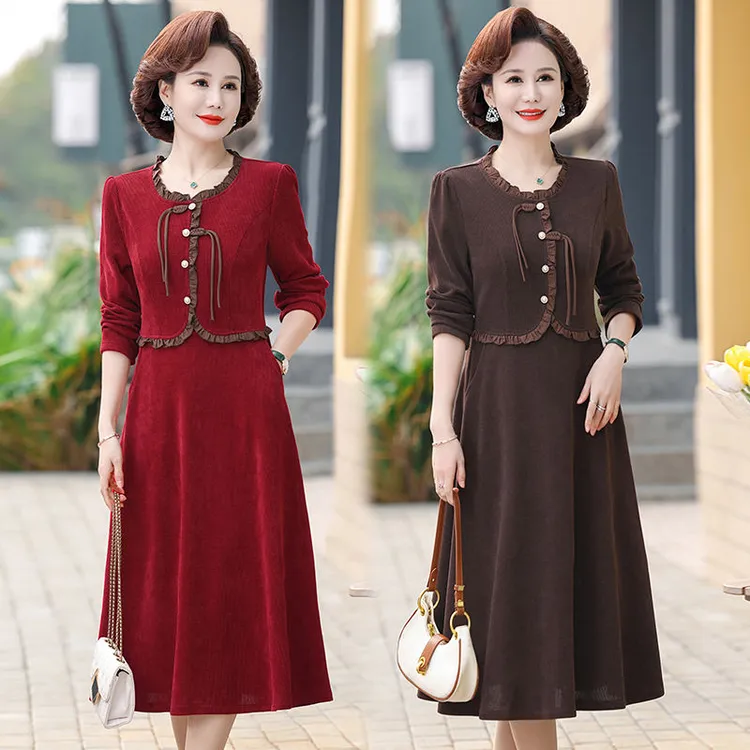 2024春秋中年时尚妈妈气质加厚连衣裙洋气新款中老年长袖婚宴裙子