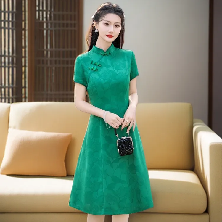 绿色高考送考旗袍妈妈夏季新款旗袍连衣裙高档醋酸缎改良版旗袍女
