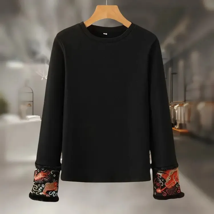 德绒刺绣中式国风2024新冬款袖口长袖打底衫上衣修身T恤保暖内衣