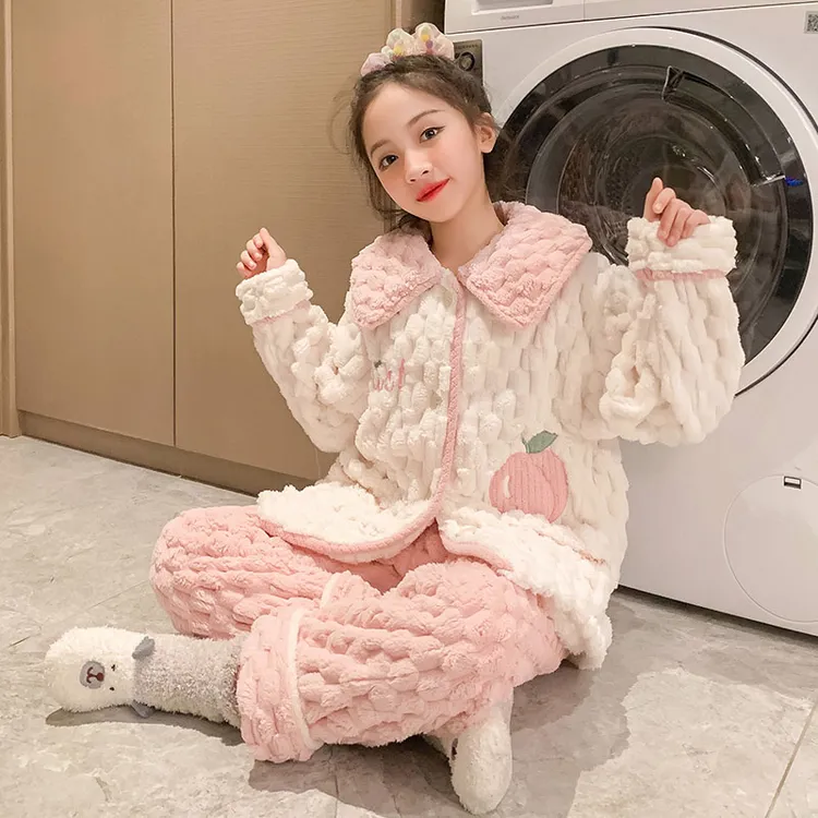 女童法兰绒睡衣秋冬季儿童珊瑚绒加厚款保暖套装中大童女孩家居服