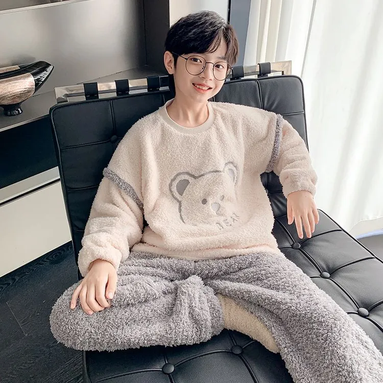 儿童装男童冬季加厚睡衣2024新款青少年法兰绒秋冬款男孩家居服潮