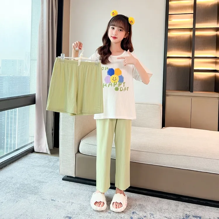 女童夏季莫代尔短袖家居服套装中大童夏天薄款短裤睡衣三件套宽松
