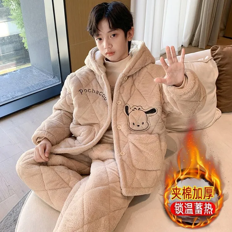 男童三层夹棉睡衣冬季加绒加厚2024新款儿童秋冬款大童保暖家居服